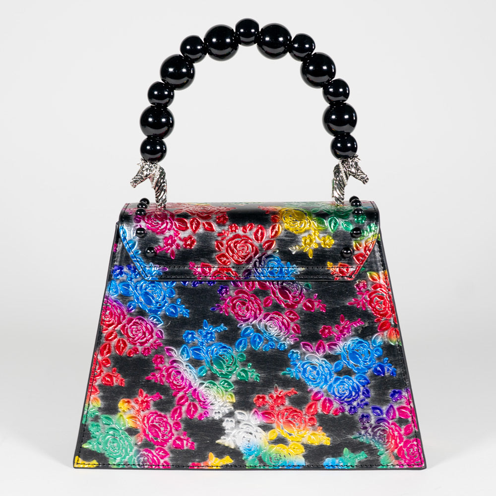 PEARLA HANDBAG | BLACK FLOWER, BLACK HANDLE