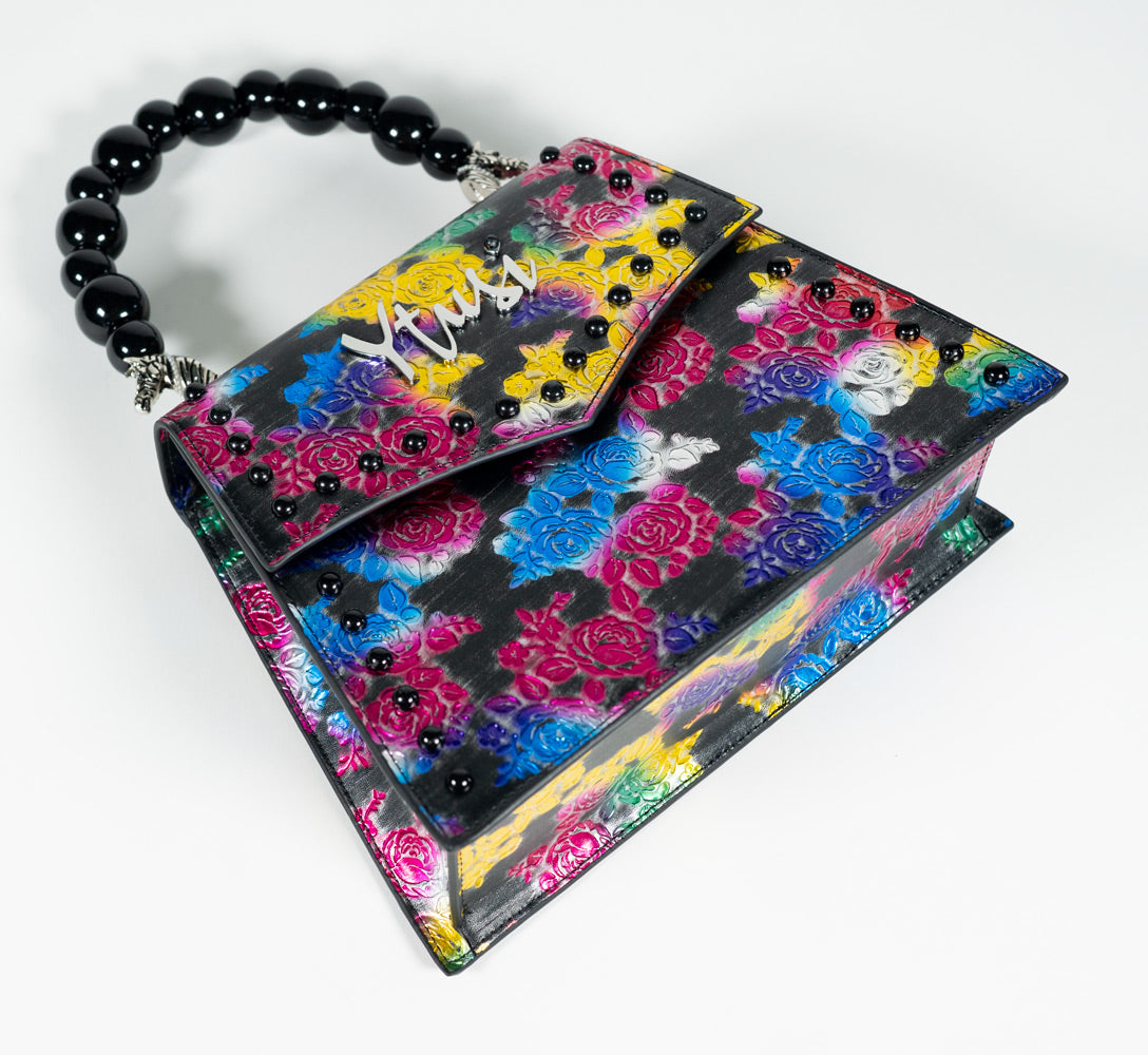PEARLA HANDBAG | BLACK FLOWER, BLACK HANDLE