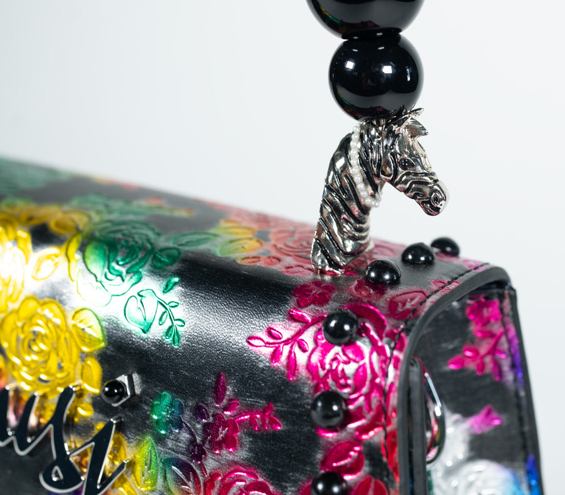 PEARLA HANDBAG | BLACK FLOWER, BLACK HANDLE