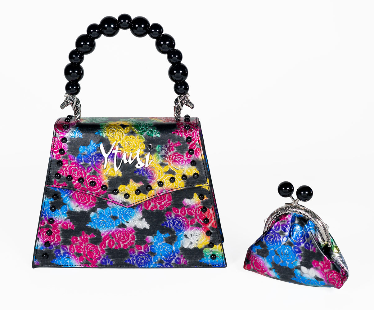 PEARLA HANDBAG | BLACK FLOWER, BLACK HANDLE