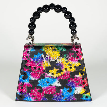PEARLA HANDBAG | BLACK FLOWER, BLACK HANDLE