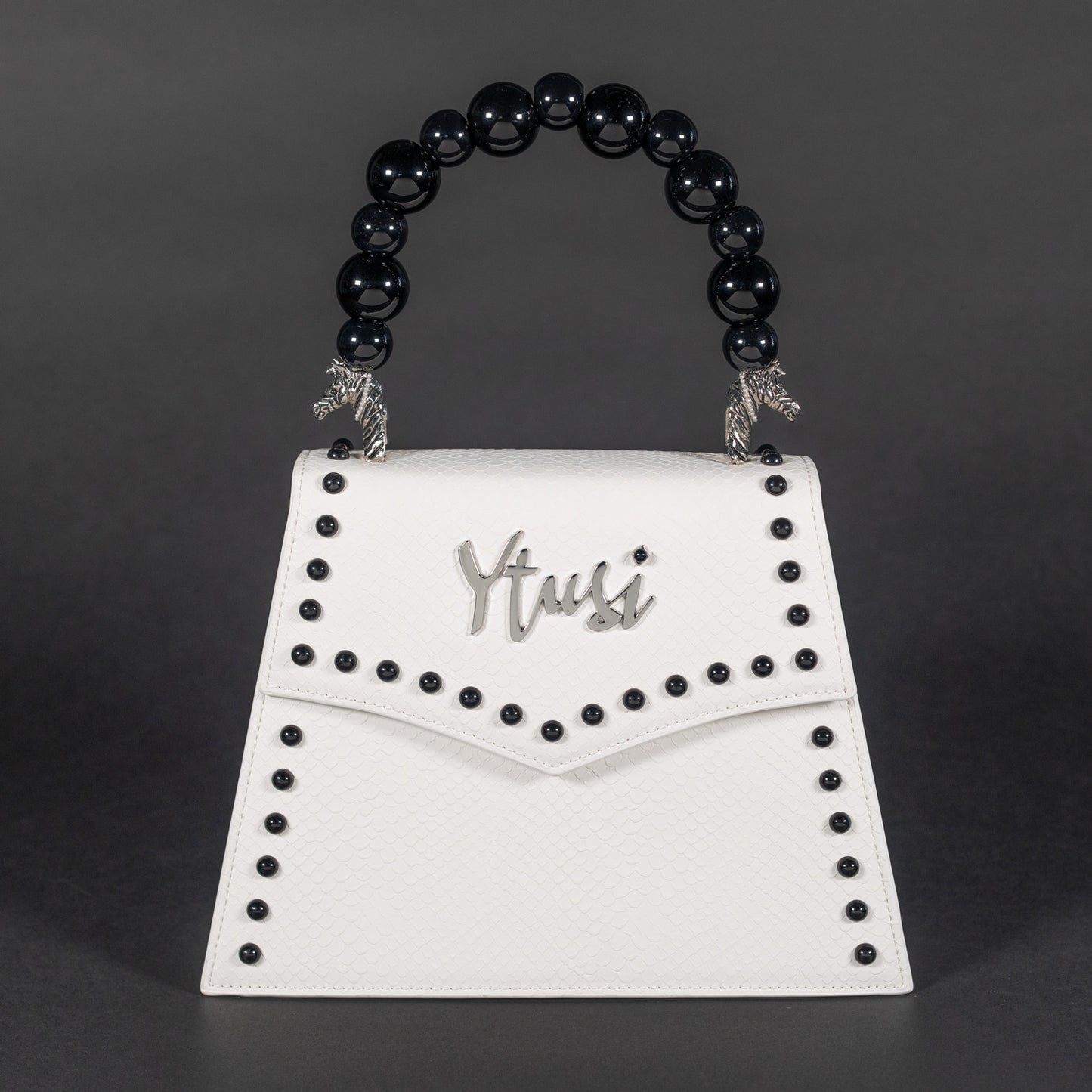 PEARLA HANDBAG | WHITE SNAKE, BLACK PEARL HANDLE