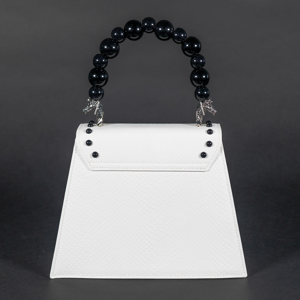 PEARLA HANDBAG | WHITE SNAKE, BLACK PEARL HANDLE