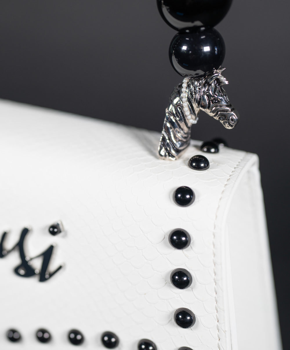 PEARLA HANDBAG | WHITE SNAKE, BLACK PEARL HANDLE