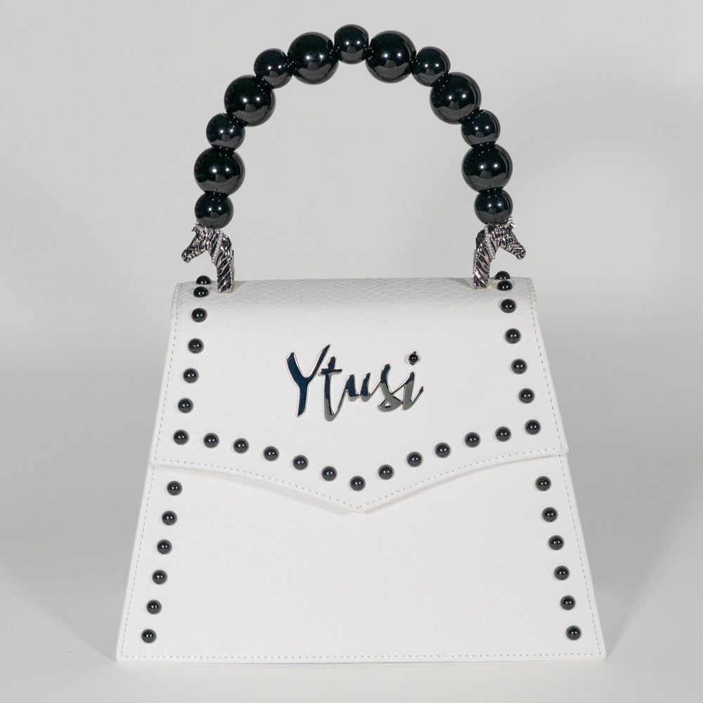 PEARLA HANDBAG | WHITE SNAKE, BLACK PEARL HANDLE