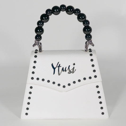 PEARLA HANDBAG | WHITE SNAKE, BLACK PEARL HANDLE